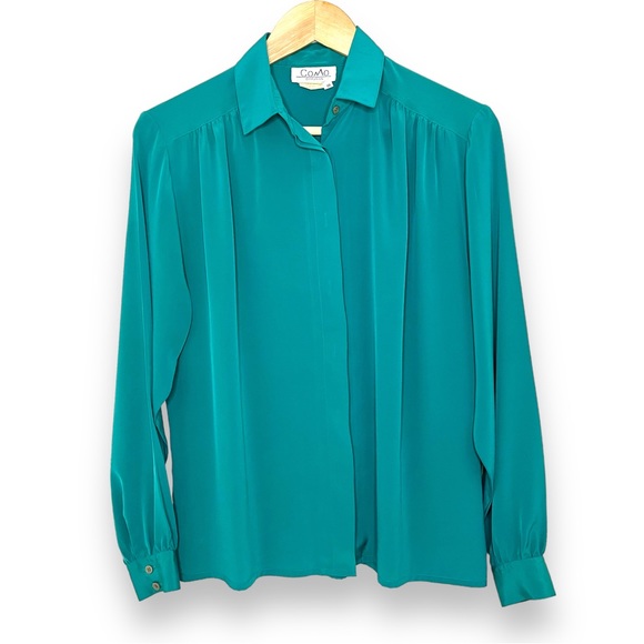 Teal Vintage Silky Button Down Blouse Shirt - Picture 3 of 7